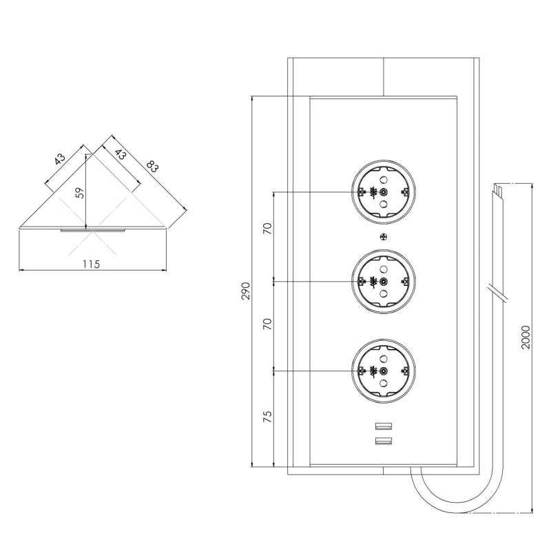 Indux Corner Energi-søjle med 3 stikkontakter, jordforbundet og dobbelt USB-A&amp;C-oplader, sort 1208955899