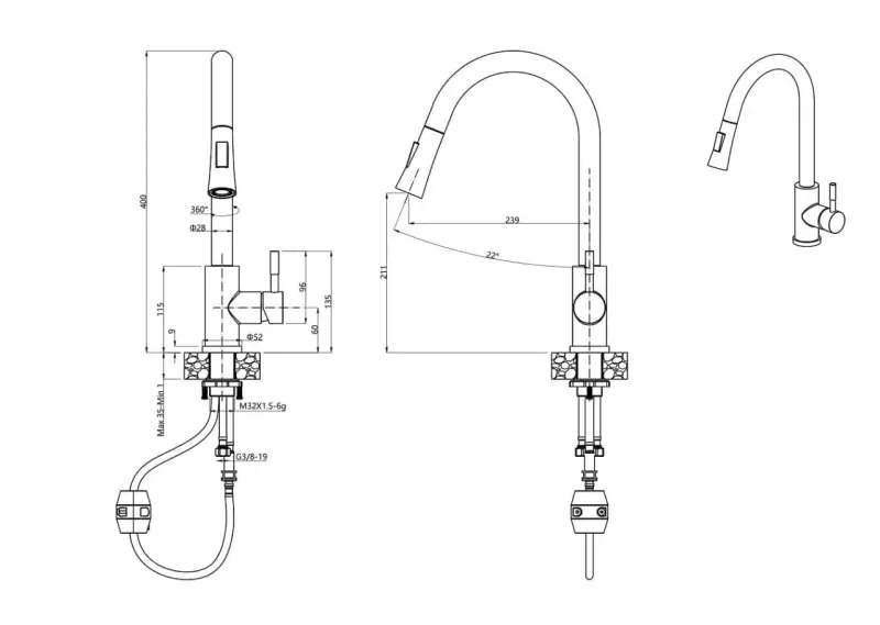 Quadri Leeds køkkenarmatur med udtrækkelig bruser med 2 funktioner PVD børstet guld 1208955910