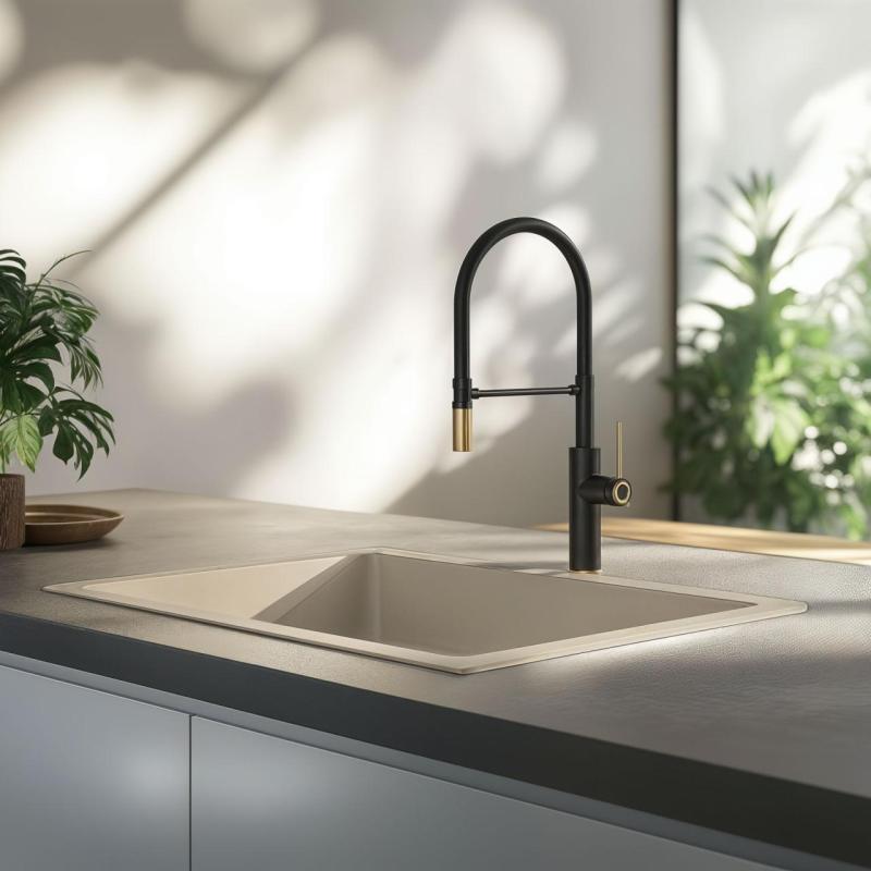 Quadri Retford Køkkenarmatur Sort med Gylden Finish og Fleksibel Sort Tud 1208956092