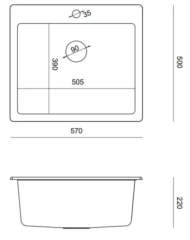 Quadri Sheffield sort granit indbygningsvask 57x50 cm med hanehul og kobberprop 1208956115