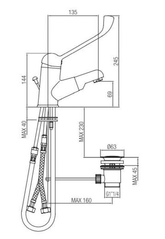 PB Clinic håndvaskarmatur til handicappede med lang håndtag og udtrækkelig tud krom 1208956272