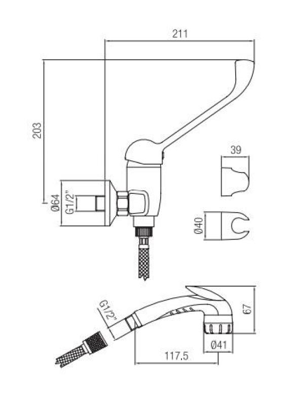 PB Clinic brusearmatur til handicappede med lang håndtag krom med håndbruser 1208956283