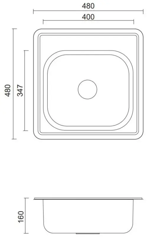 Aquadesign Basic firkantet rustfrit stålvask 48x48 cm, overflademontering med hul til vandhane 1208956284