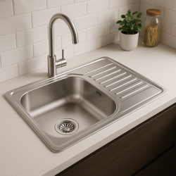 Aquadesign Basic rustfrit stål køkkenvask med afdrypningsområde, vendbar, 66x42 cm, påbygning 1208956285