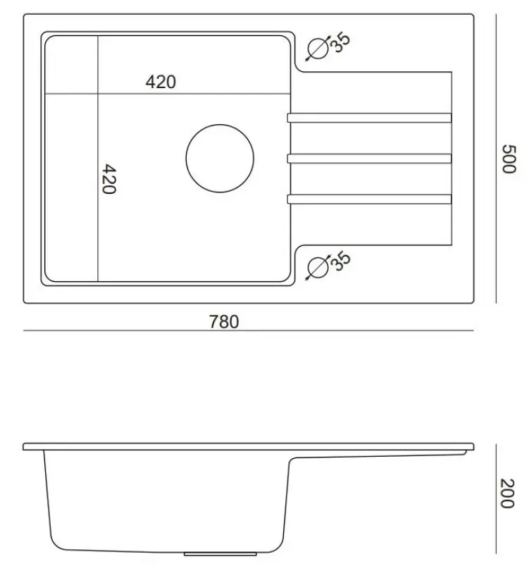 Quadri Cardigan sort granit overflademonteret vask med afdrypningsområde, vendbar 78x50cm med sort prop 1208956314