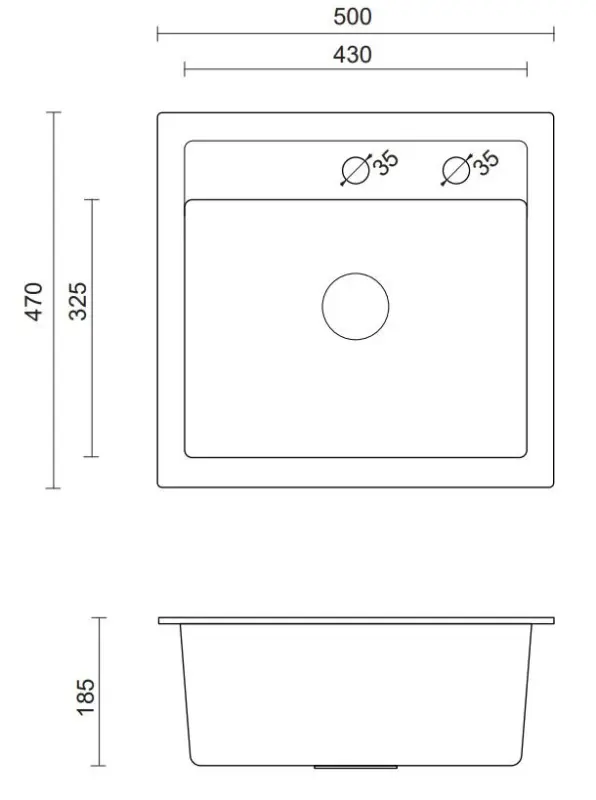 Quadri London granit antracit vask 50x47 cm med hanehul opbygning 1208956320