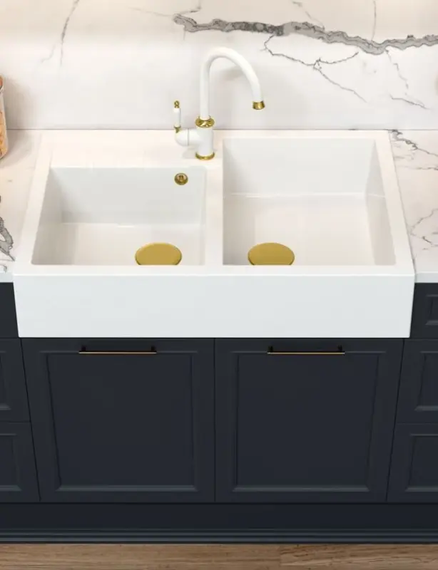 Quadri Minister Dobbelt Vaskekumme hvidt landligt model 90x62cm med kobberprop og overløb 1208956329