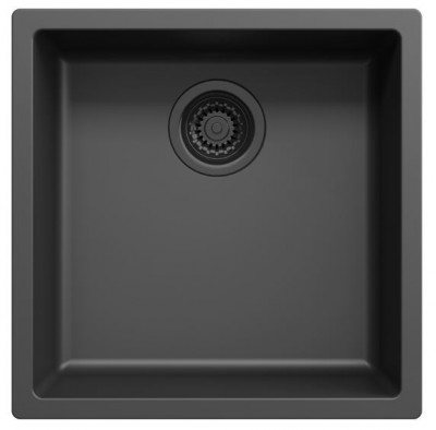 Sort vask 40 x 40 cm, undermontering, overmontering og flad montering med sort prop 1208956391