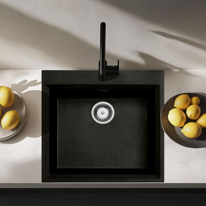 Sort påbygget vask 58 x 53 cm med hul til vandhane med rustfri stålprop 1208956732