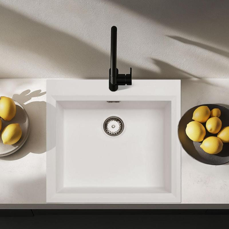 Witte inbouw spoelbak 58x53cm met kraangatbank en rvs plug 1208956763