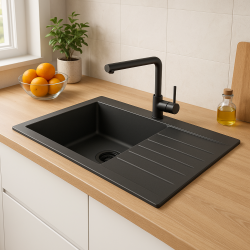 Ausmann Fibre stor sort plastvask reversibel med afdrypning, opbygning 86x50 cm med sort prop 1208956781