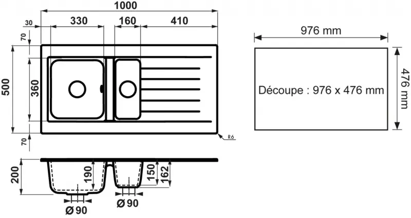 Ausmann Fibre 1,5 sort plastvask, vendbar med afdrypningsplade, 100 x 50 cm, med sort prop 1208956784