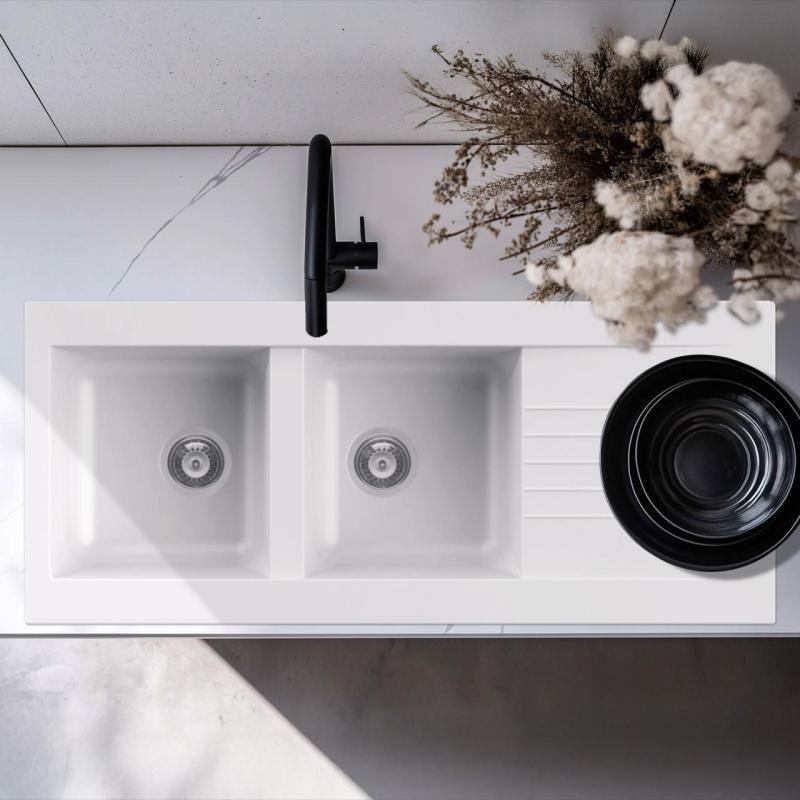 Ausmann Fibre dobbelt hvid plastvask vendbar med afdrypning, installation 116x50 cm 1208956794