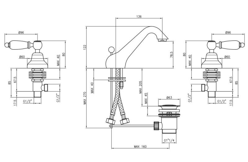 PB klassisk trehuls håndvaskarmatur med lav tud Hvide håndtag Bronze 1208956907
