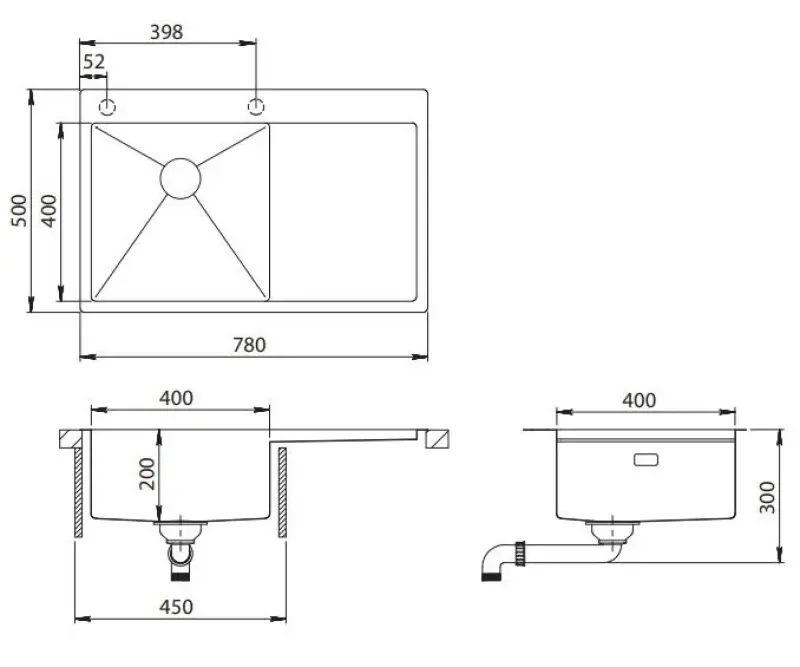 Ausmann Turt RVS vask med afdrypningsområde til højre 780x500mm overflademontering og planmontering 1208956954