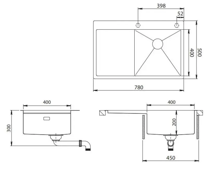 Ausmann Turt kobbervask med afdrypningsområde til venstre 780x500mm til installation ovenpå eller planmontering 1208956955