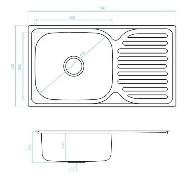 Ausmann Basic rustfrit stål indbygningsvask med afdryp, vendbar 76x42 cm inklusive vandlås 1208956978