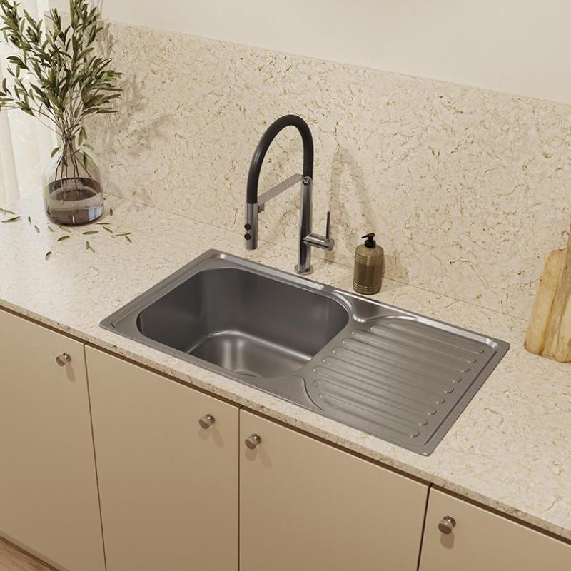 Ausmann Basic rustfrit stål indbygningsvask med afdryp, vendbar 76x42 cm inklusive vandlås 1208956978