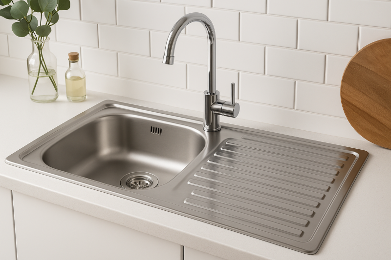 Ausmann Basic rustfrit stål overmonteret vask med afløbsbak, vendbar 75x40 cm inklusiv sifon 1208956996