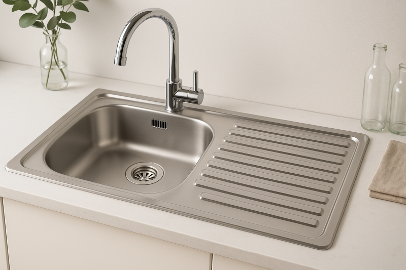 Ausmann Basic rustfrit stål overmonteret vask med afløbsbak, vendbar 75x40 cm inklusiv sifon 1208956996