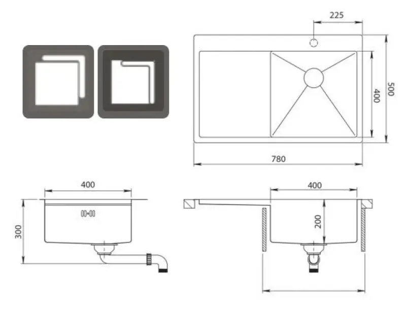 Ausmann Oder Blue stainless steel sink 78x50cm flush-mounted and inset with drainer 1208957121