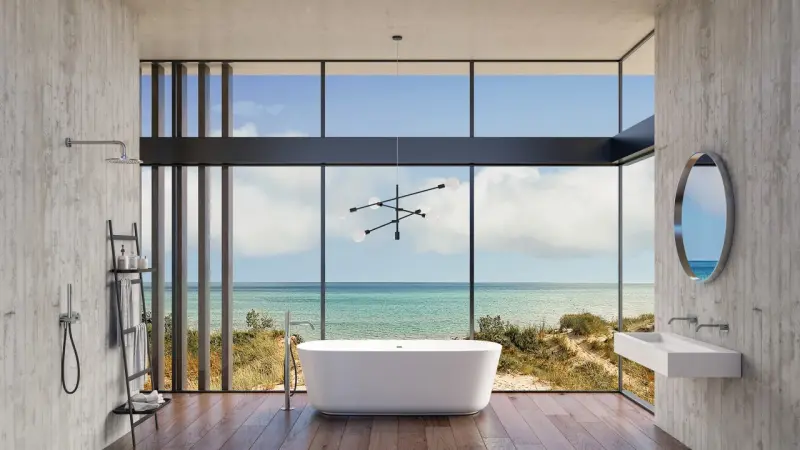 AquaTrimo Acciaio fritstående badekararmatur med håndbruser i rustfrit stål 1208957285