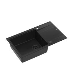 Quadri Luton sort granit stor køkkenvask med afløbsplade, vendbar 86x50cm med sort prop 1208957326