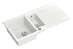 Quadri Luton hvid granit køkkenvask med 1,5 kummer og afdrypningsplads vendbar 100x50cm med rustfrit stål prop 1208957330