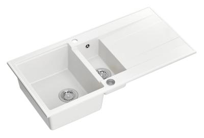 Quadri Luton hvid granit køkkenvask med 1,5 kummer og afdrypningsplads vendbar 100x50cm med rustfrit stål prop 1208957330