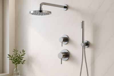 Waterevolution Flow indbygget brusesæt i krom med termostat, regnbruser og håndbruser 1208957343