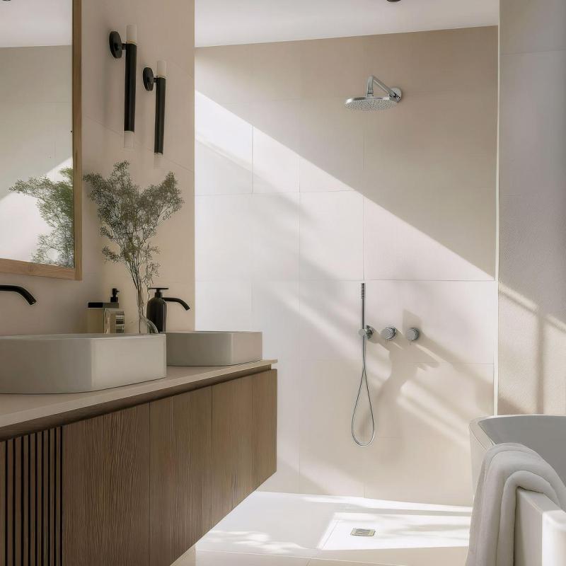 Waterevolution Flow indbygget brusesæt i krom med termostat, regnbruser og håndbruser 1208957343