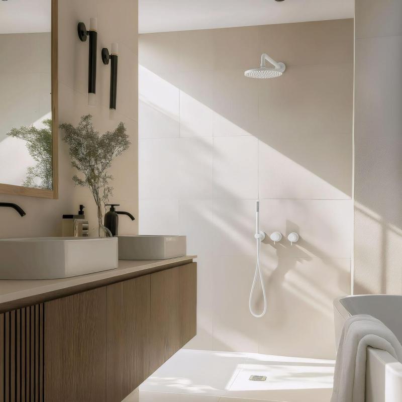 Waterevolution Flow indbygget brusesæt, mat hvid, med termostat, regnbruser og håndbruser 1208957344