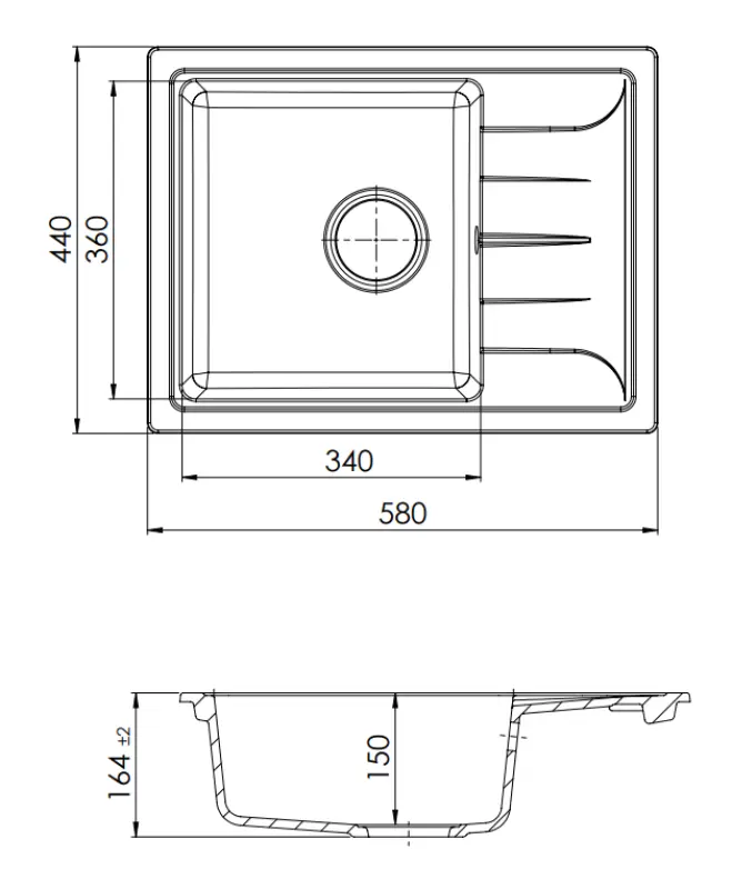 GraniteMy Smart ekstra lav granit overflade sort vask 58x44cm med aftapningsmulighed vendbar 1208957354