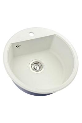 GraniteMy Bremen rund granitvask 43 cm hvid til underlimning og nedfældning med armaturbænk og rustfri stål prop 1208957356