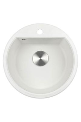 GraniteMy Bremen rund granitvask 43 cm hvid til underlimning og nedfældning med armaturbænk og rustfri stål prop 1208957356