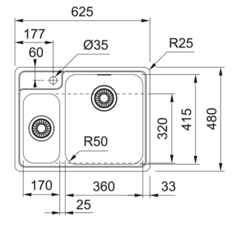 Franke vask Bellissimo BCX 260 planforsænket inkl. hanehul 625x480mm 127.0691.229