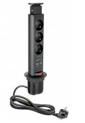 Indux Up & Down lille fordybbar jordspids sort køkken stikkontakt i arbejdsplade med 3 stikkontakter og 2 x USB 1208957418