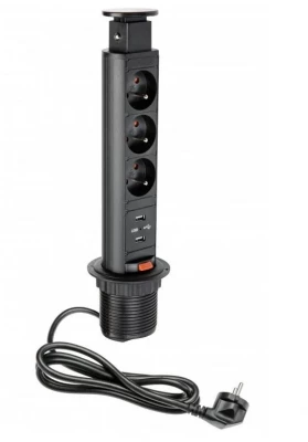 Indux Up & Down lille fordybbar jordspids sort køkken stikkontakt i arbejdsplade med 3 stikkontakter og 2 x USB 1208957418