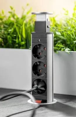 Indux Up & Down lille fordybbar jordspids sort køkken stikkontakt i arbejdsplade med 3 stikkontakter og 2 x USB 1208957418