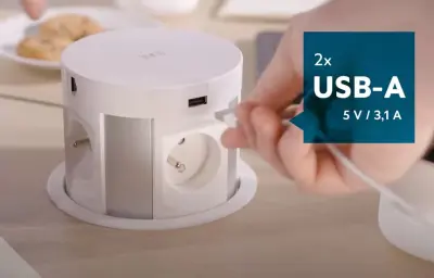 Indux Push nedsænkbare jordstik hvidt køkkenstik i arbejdsplade med 4 stik, 2 x USB, 2 x RJ45 og trådløs opladning 1208957422