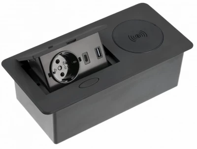 Indux Flip køkkenstikkontakt med jordforbindelse i bordpladen mat sort med trådløs oplader og 2 USB-opladere 1208957427