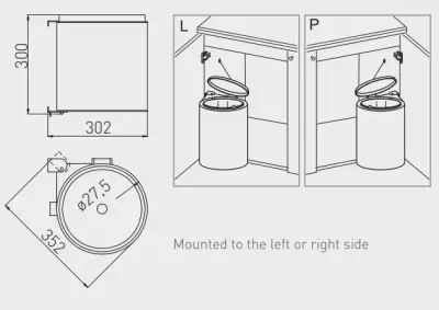 Garbi Round R-40-1 built-in waste bin 11 litres can be positioned on left and right 1208957471
