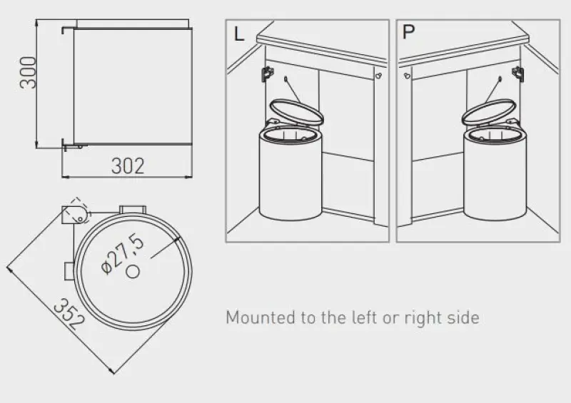Garbi Round R-40-1 indbygget affaldsspand 11 liter kan placeres til venstre og højre 1208957471