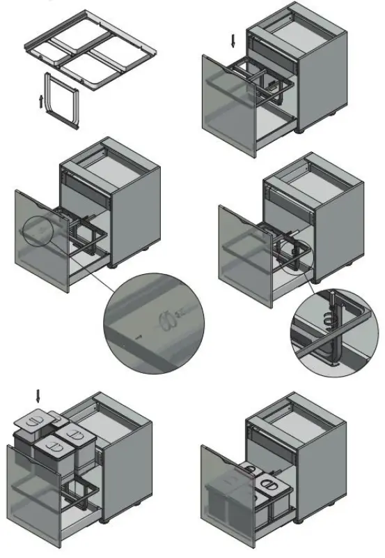 Garbi Basket B-60-4-H sorteringssystem til affald til skuffe 60 cm inkl. holder og 4 affaldsbeholdere 1208957472