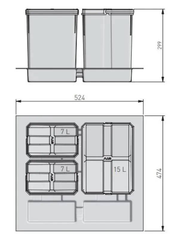 Garbi Basket B-60-3 sorteringssystem til affald for skuffe 60 cm inkl. holder og 3 affaldsbeholdere 1208957473
