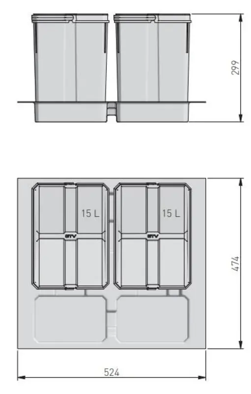 Garbi Basket B-60-2 sorteringssystem til affald til skuffe 60 cm inkl. holder og 2 affaldsbeholdere 1208957474