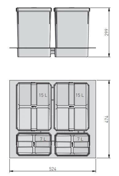 Garbi Basket B-60-4 affaldssorteringssystem til skuffe 60 cm inkl. holder og 4 affaldsbeholdere 1208957475