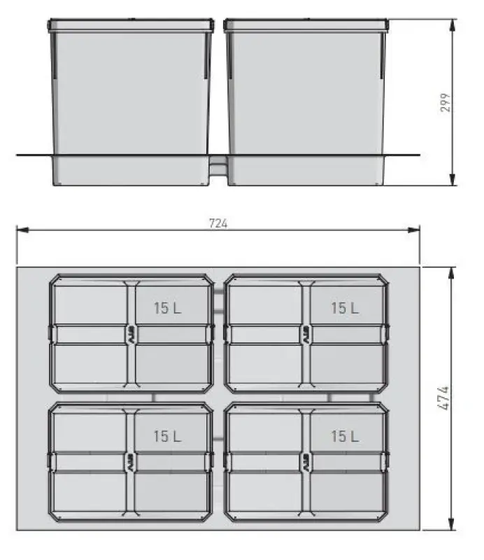 Garbi Basket B-80-4-G sorteringsaffaldssystem til skuffe 80 cm inkl. holder og 4 x 15 liter affaldsspande 1208957478