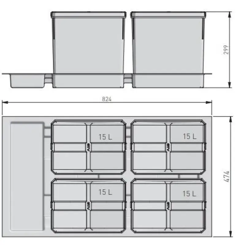 Garbi Basket B-90-4 sorteringsaffaldssystem til skuffe 90cm inkl. holder og 4 x 15 liter affaldsspande 1208957479