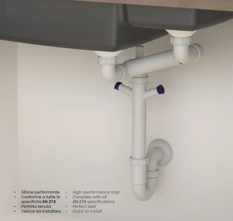 Ausmann Siphon dobbelt pladsbesparende vaskesifon til køkkenet med udluftning og 2 opvaskemaskineforbindelser 1208957662